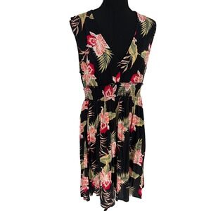 Roxy Womens Tropical Hibiscus Floral Smocked Waist Midi Dress, Black , XL